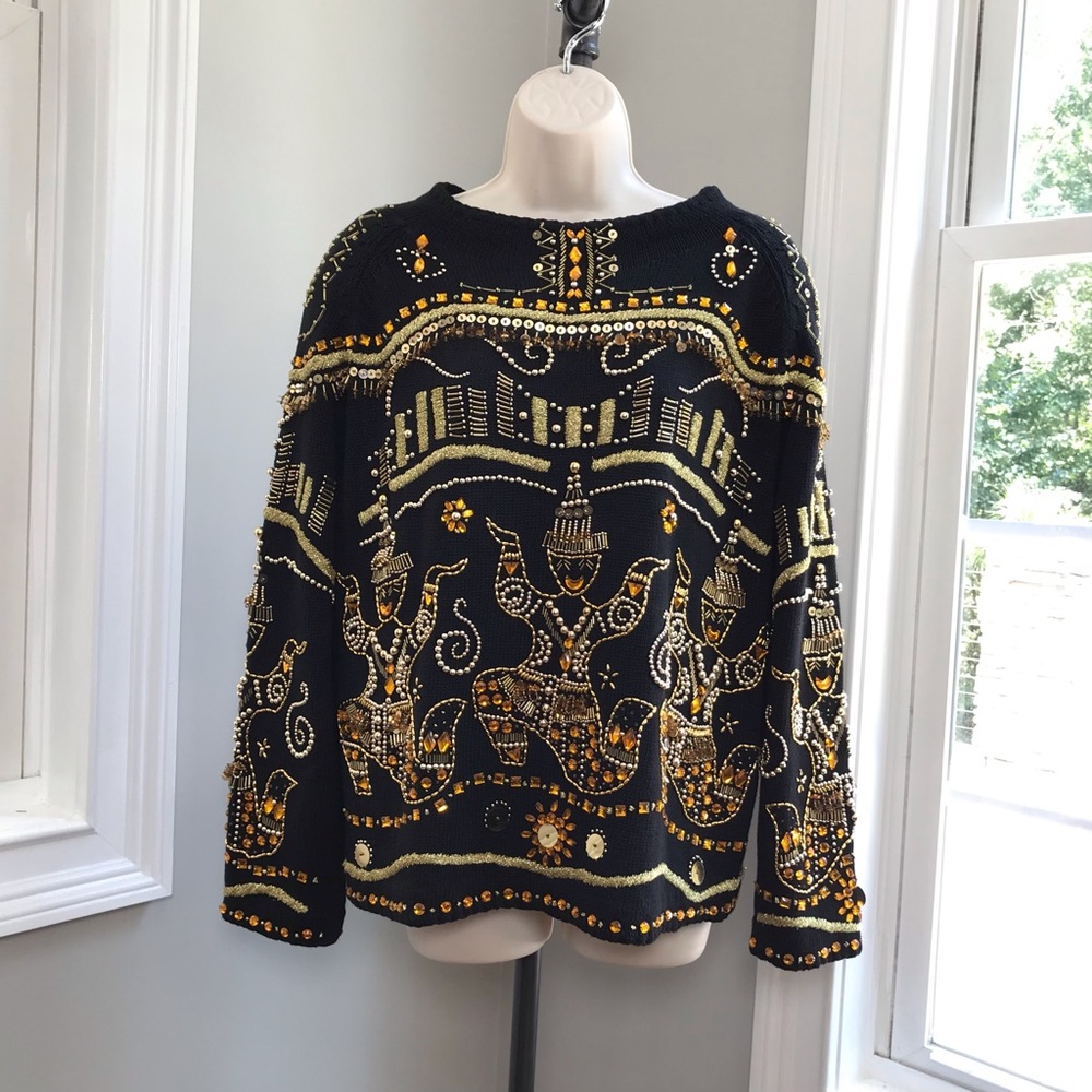 Vintage Michael Simon Gold Egyptian Siamese Dancers Sweater ~ Women’s 2  L/XL